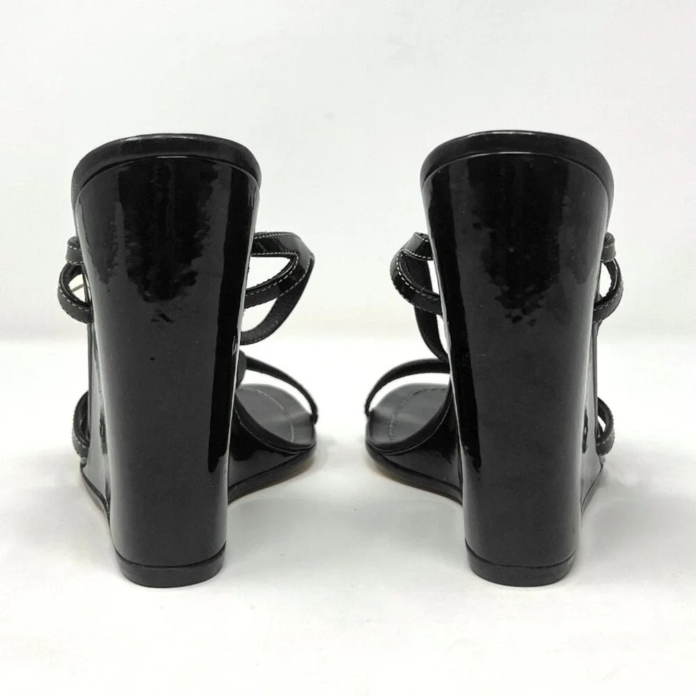 Prada Black Patent Leather Floral Wedge Sandals Strappy Heels Made‎ in Italy 37